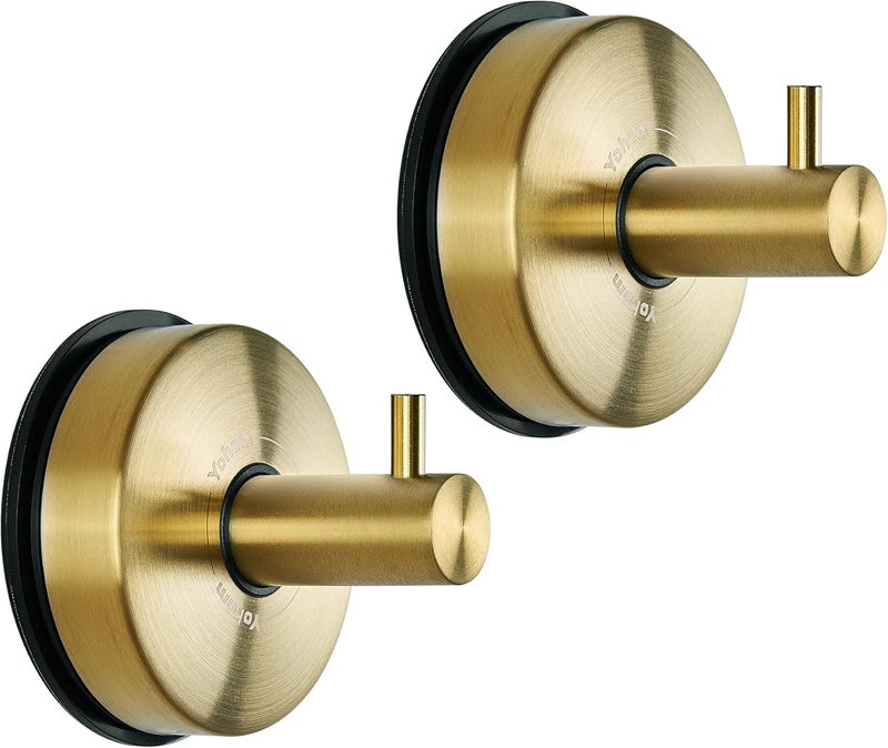 OHOM Suction Cup Hooks for Shower Towel Holder Stainless Steel Vacuum Bathroom Shower Hook Suction Washcloth Hanger Kitchen Towel Rack for Robe Loofah Wreath Glass Door Window Wall Brushed Gold 2Pcs - Image 1